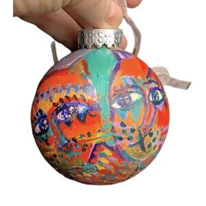 Hand Painted Decoupage Cat Kitten Christmas Ornament Ball 4" Abstract Art Signed